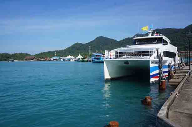 Boonsiri Catamaran docked at Bang Bao and ready to depart for Koh Mak and Koh Kood